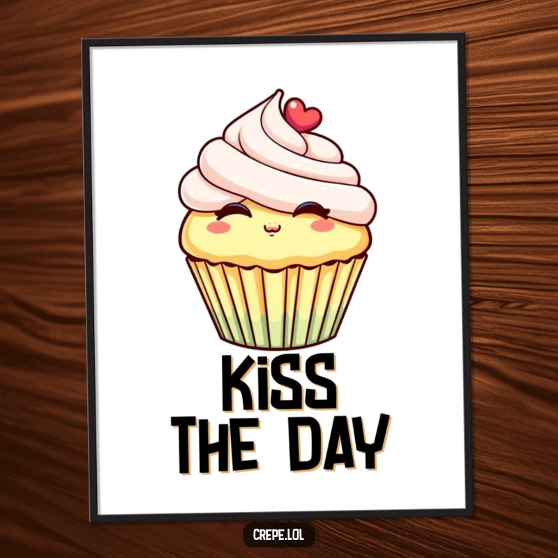 Funny digital art print of a cheerful cupcake with frosting, playfully blowing a kiss, perfect for instant, sweet wall decor.