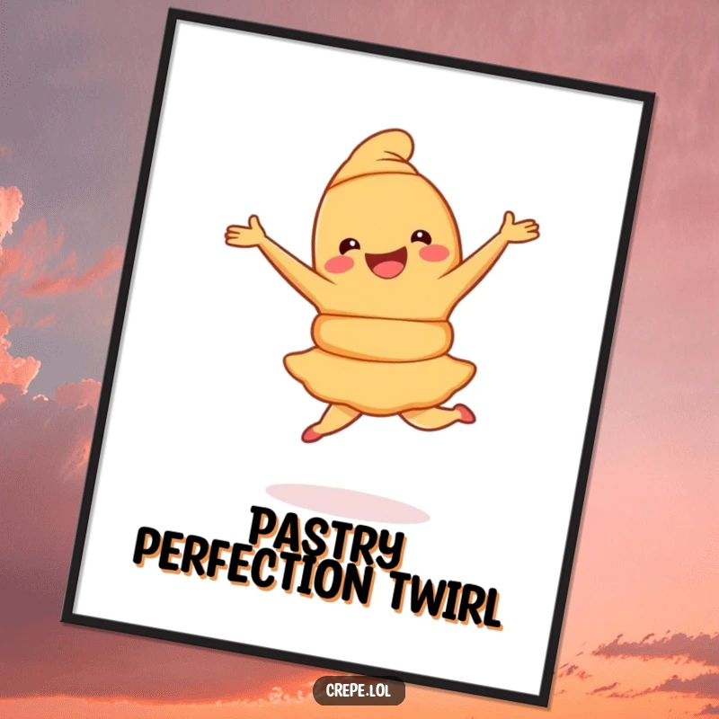 Funny Croissant Pirouette Digital Art Print of a joyful croissant performing a ballet pirouette, adding artistic flair and humor.