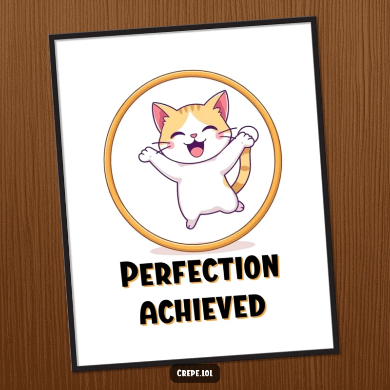 Funny digital art print of an energetic cat with a wagging tail jumping through a hoop, perfect pet wall art.