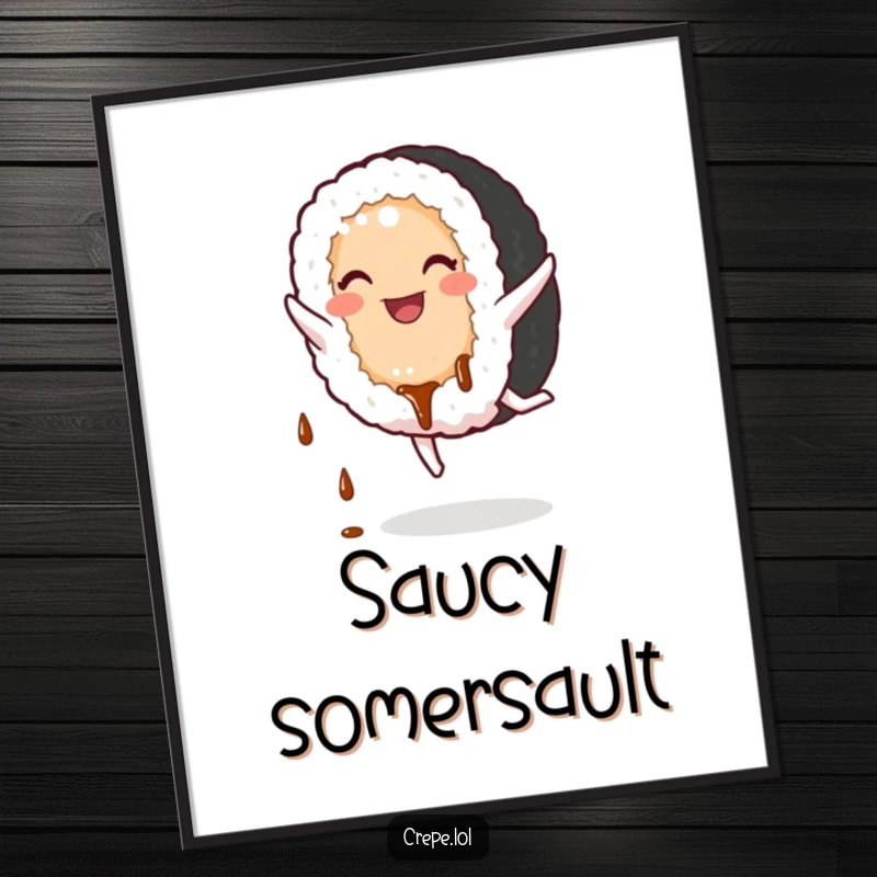 Funny Sushi Digital Art Print: A smiling sushi roll doing a cartwheel with soy sauce dripping, bringing comical energy.