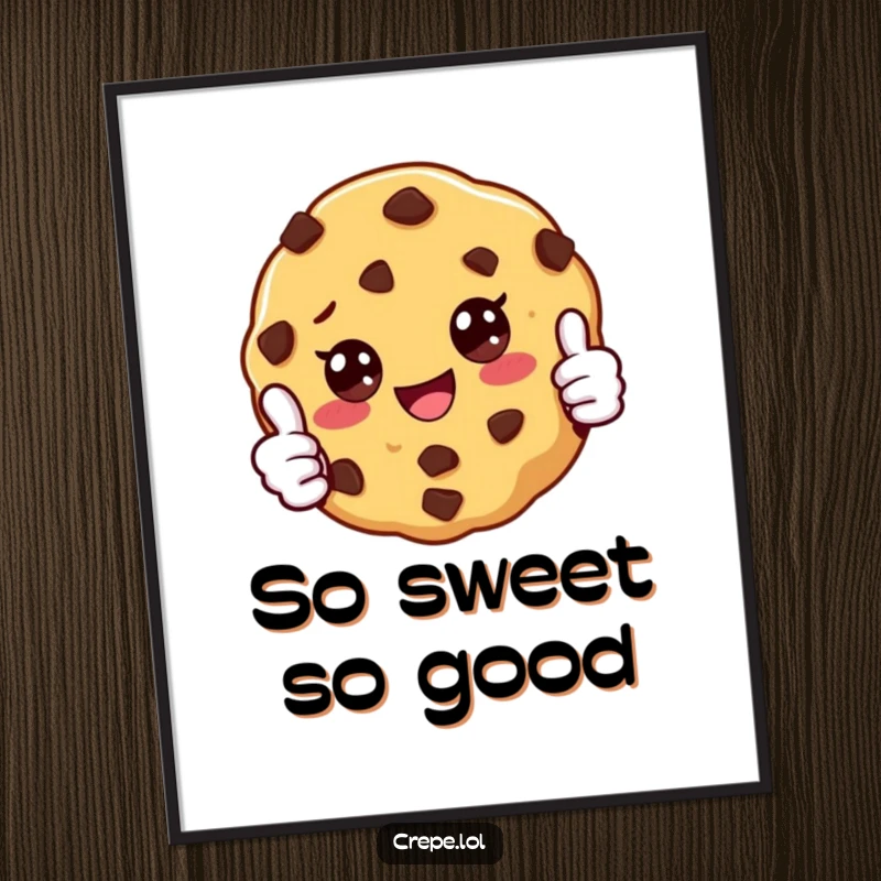 Funny digital art print of a smiling chocolate chip cookie giving a thumbs up, ready to be downloaded and framed, for humorous decor.