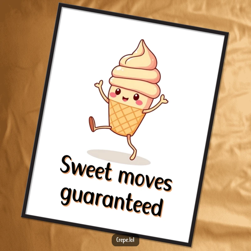 Funny cute ice cream cone with legs doing a silly dance, presented as a high-resolution digital art print.