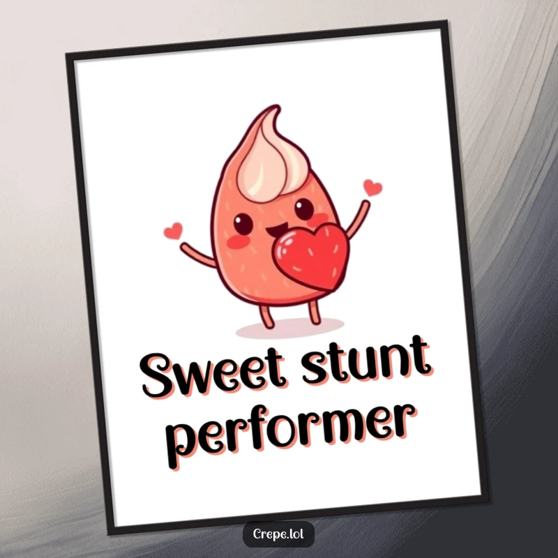 Funny digital art print of a smiling red crepe with a strawberry heart, flipping happily, for instant decor.