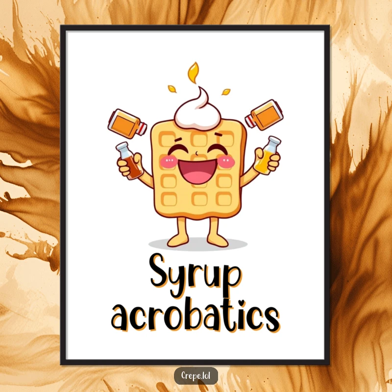 Funny waffle character digital art print, gleefully juggling syrup bottles, perfect for instant humorous decor.