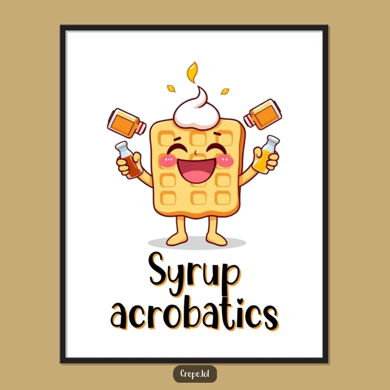 Funny Waffle Syrup Juggling Digital Art: Hilarious Breakfast Character Wall Decor