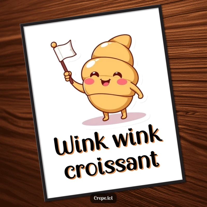 Funny croissant digital art print of a smiling, winking character waving a flag, ideal for humorous wall decor.