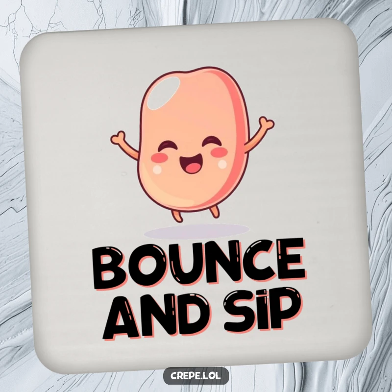 Funny drink coaster with a wobbly jelly bean illustration, bouncing with glee, protecting surfaces with cheerful sweetness.