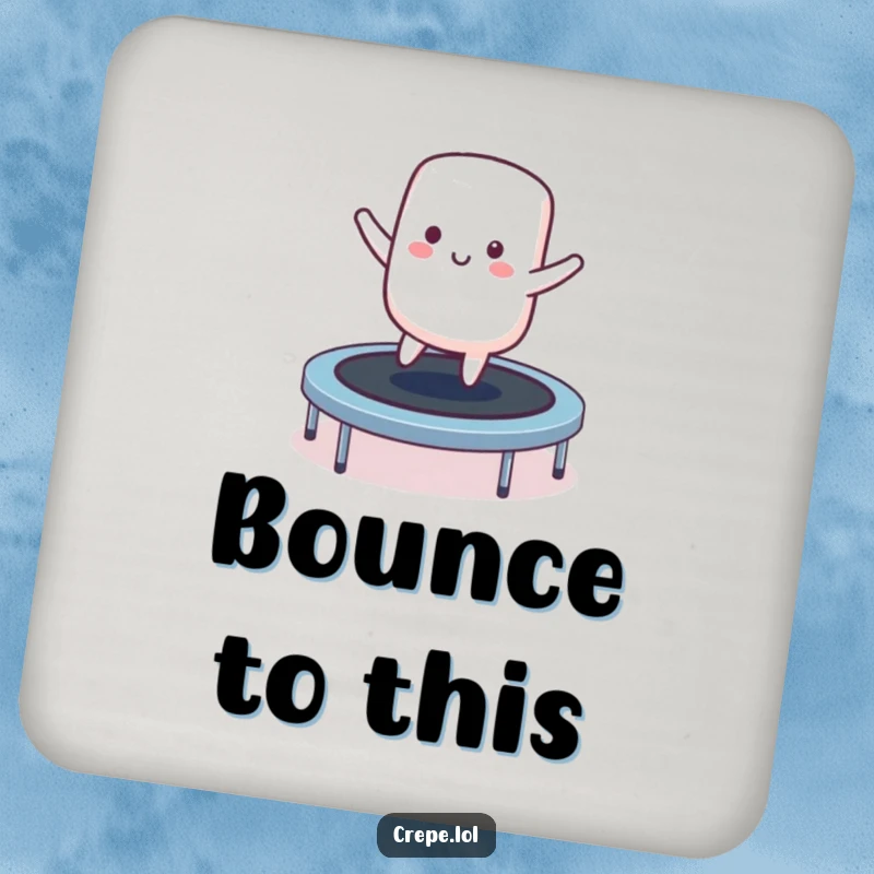 Funny smiling marshmallow character coaster bouncing on a trampoline, a charming and humorous accessory.