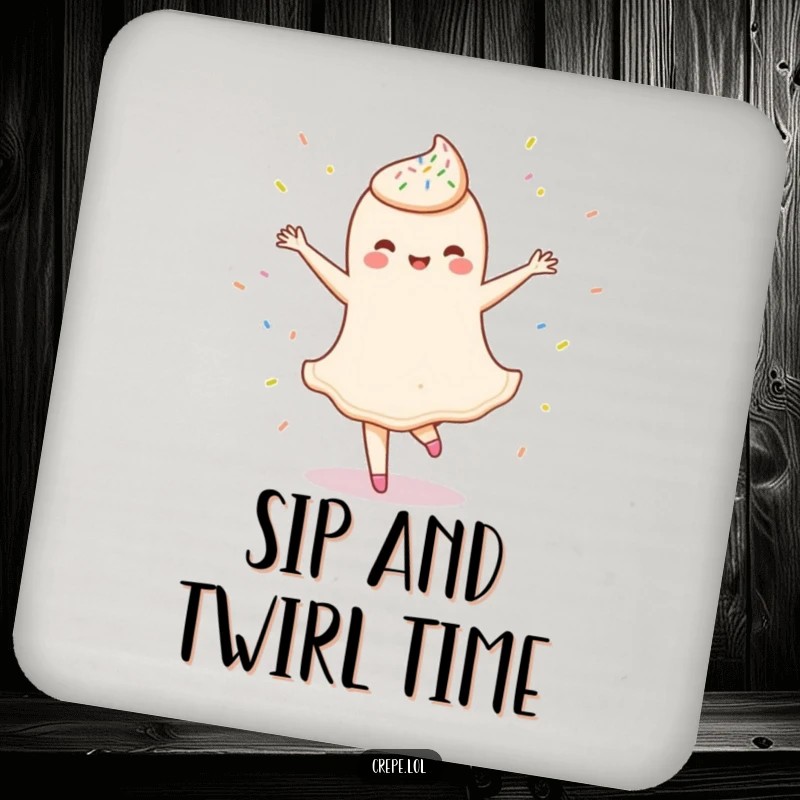 Funny drink coaster with a delighted crepe character in a ballet twirl, sprinkled with colorful dots, adding charm and protection.