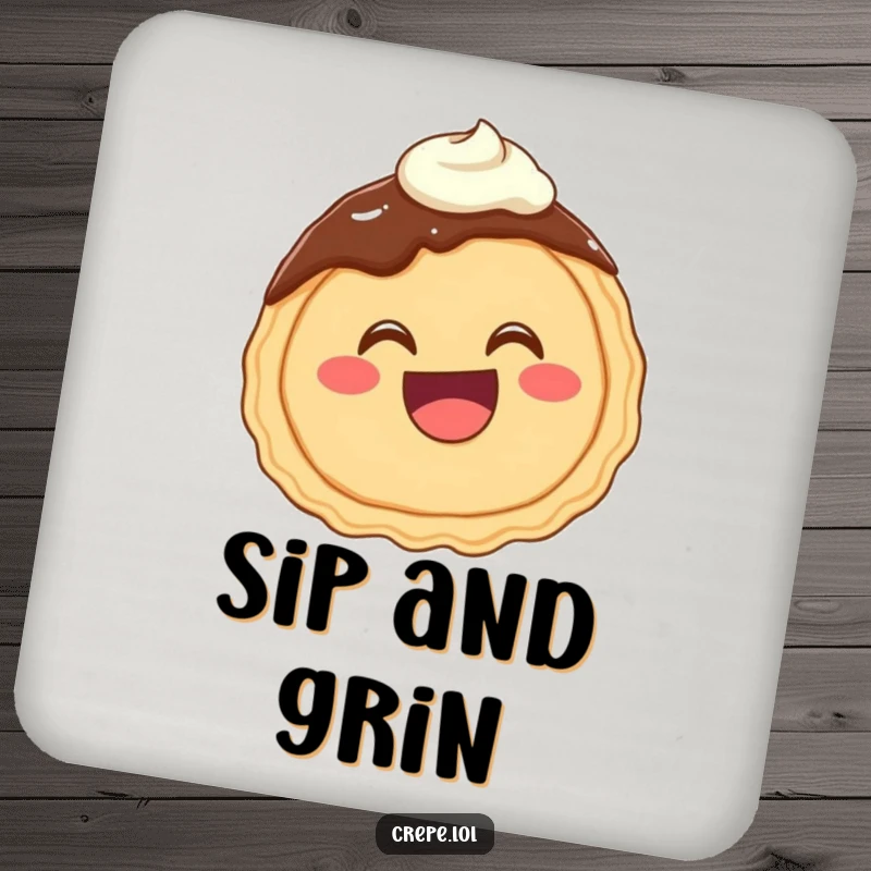 Funny drink coaster with a happy chocolate crepe, its wide mouth giggling, decorated with frosting.