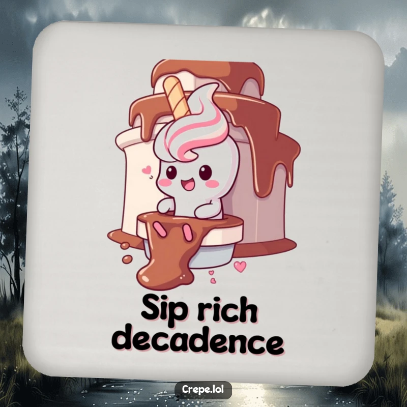 Funny churro character drink coaster, gleefully sliding down a chocolate fountain, protecting tables.