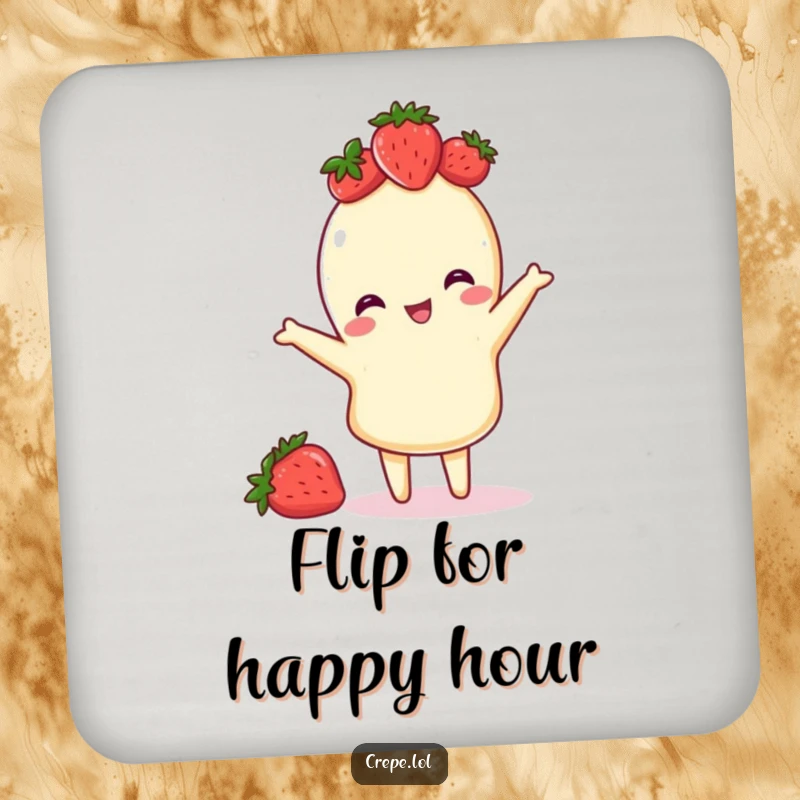 Funny drink coaster featuring a crepe wearing a strawberry crown, mid-playful flip, protecting tabletops with charm.