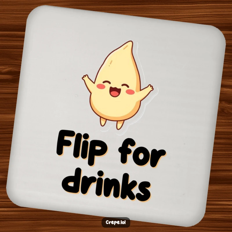 Funny drink coaster showing a happy crepe performing a joyful flip, a humorous addition to any table.