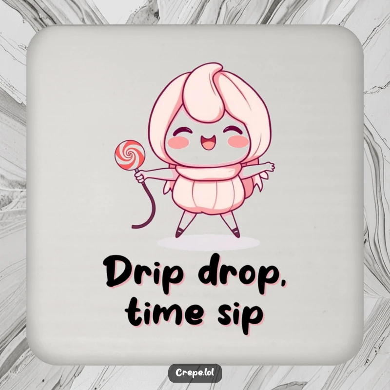 Funny drink coaster featuring a grinning crepe character jumping rope with a licorice string, protecting surfaces with humor.