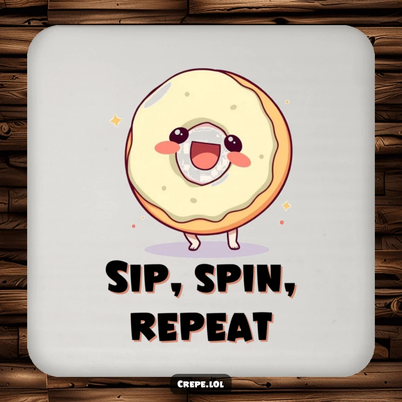 Funny donut character drink coaster, captured mid-somersault with a laugh, bringing sweet humor to tables.