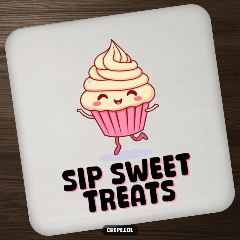 Funny cupcake character drink coaster, giggling and hopping with swirling frosting, protecting tables.