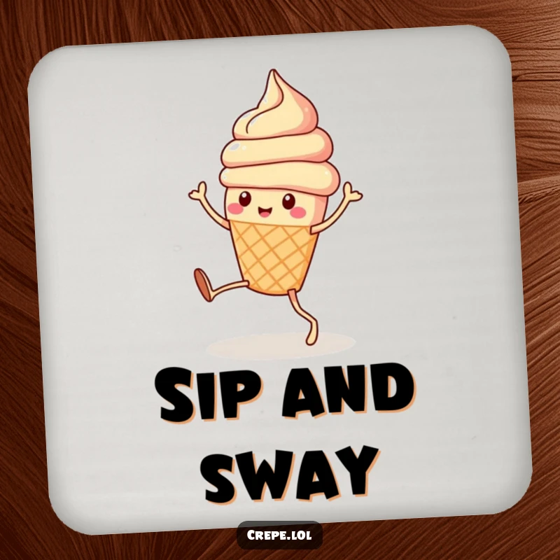 Funny cute ice cream cone with legs doing a silly dance, adding a splash of humor to these functional drink coasters.