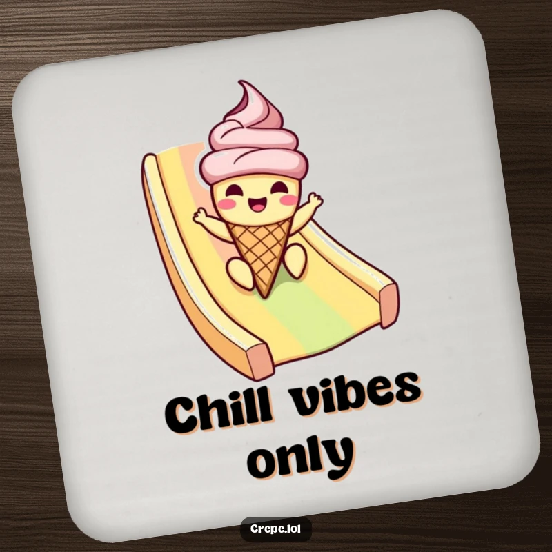 Funny ice cream coaster with a cheerful cone character sliding down a rainbow, protecting surfaces with humorous summer flair.