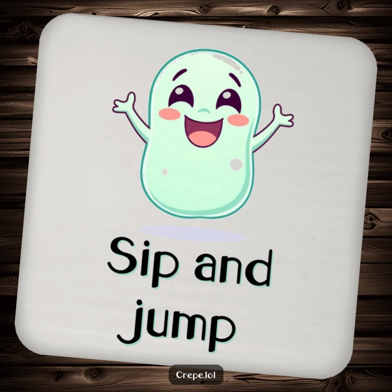 Funny laughing jellybean with wide eyes jumping for joy, adding a splash of humor to these functional drink coasters.