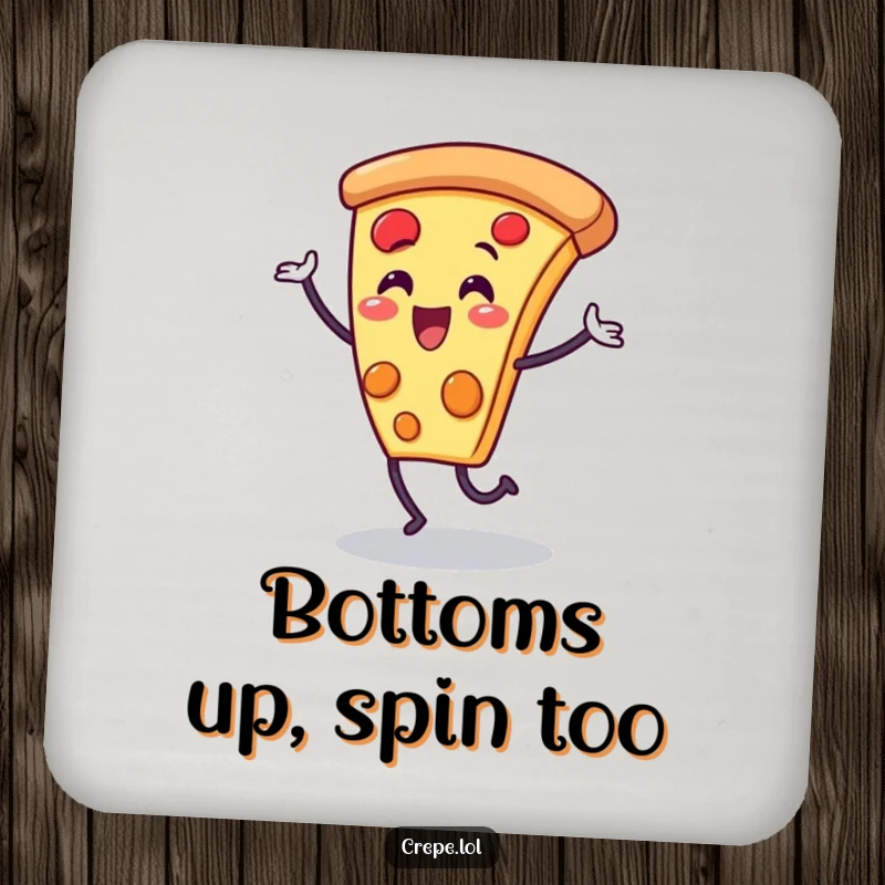 Funny pizza slice character drink coaster, depicted in a joyful dance, adding a humorous touch to tabletops.