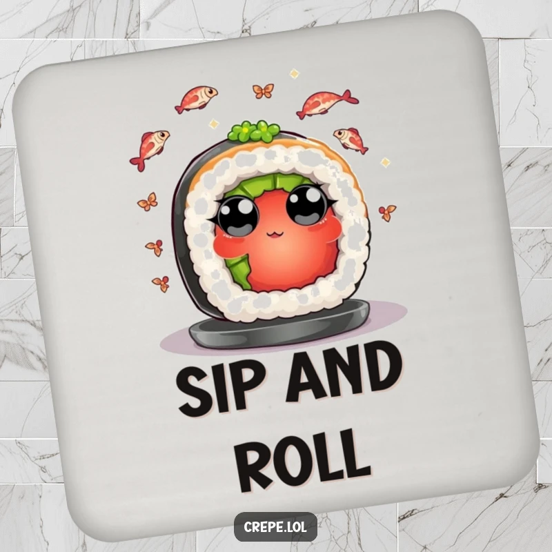Funny drink coasters featuring a sushi roll juggling fish, protecting tables with a playful and humorous design.