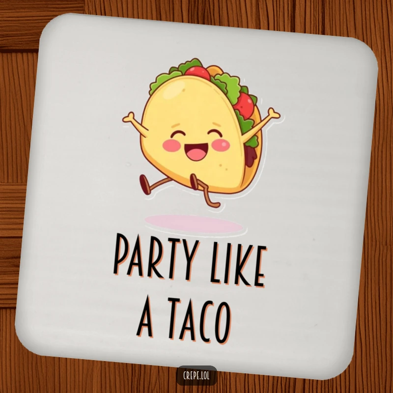 Funny drink coasters featuring a smiling taco with legs doing a cartwheel. Protects surfaces with humor and style.