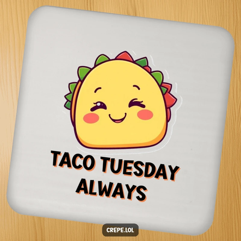 Funny taco drink coaster, a cheerful taco character happily winking with a cheesy grin. Cute surface protection. Gift.