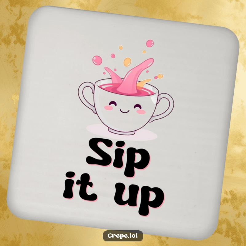 Funny teacup smiling and playfully spilling colorful liquid, a humorous coaster for drinks.