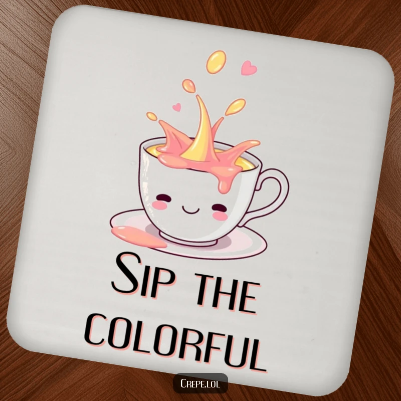 Funny smiling teacup playfully spilling colorful liquid, adding a splash of humor to these functional drink coasters.