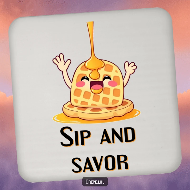 Funny happy waffle with syrup waving enthusiastically, adding a splash of humor to these functional drink coasters.