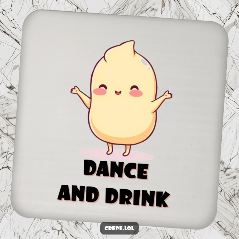 Funny drink coaster with a wobbly plain crepe with tiny legs performing a hilarious, silly dance.