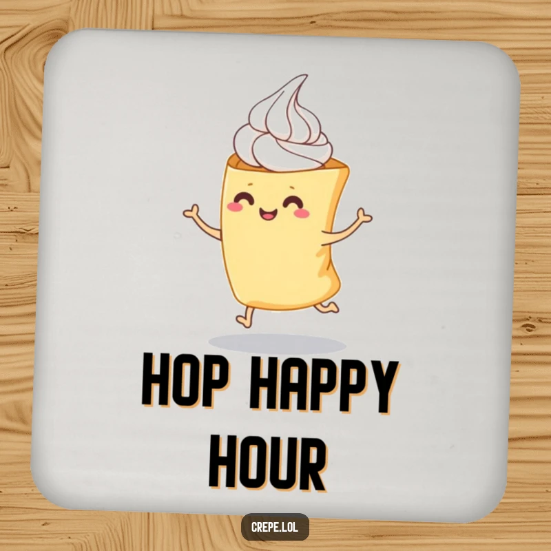 Funny drink coaster showing a whipped cream topped crepe in a playful hop, protecting surfaces with a cheerful and humorous design.