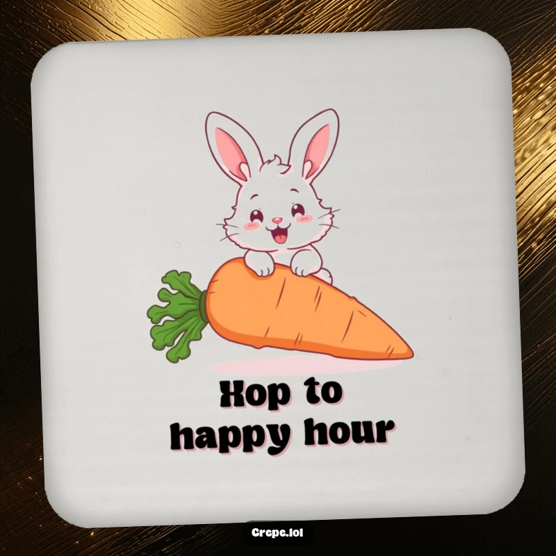 Funny fluffy bunny hopping over a giant carrot, a charming and humorous coaster for drinks.