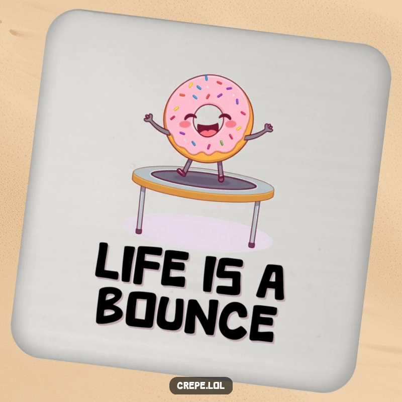 Funny donut with sprinkles bouncing on a trampoline, a humorous coaster for drinks.