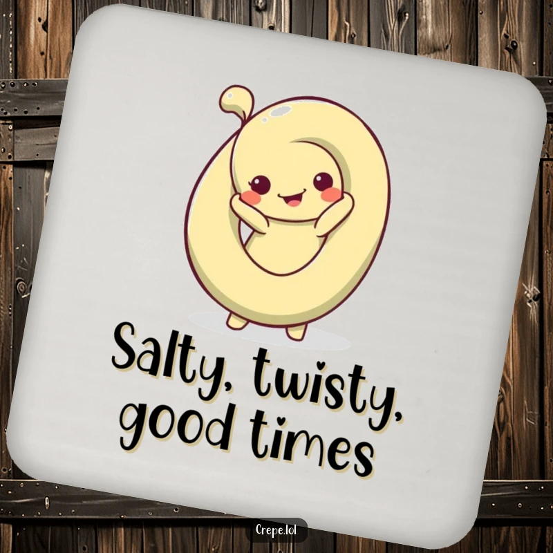 Funny Pretzel Pose Coasters featuring a silly pretzel in a bendy pose, protecting surfaces with snack-related humor.