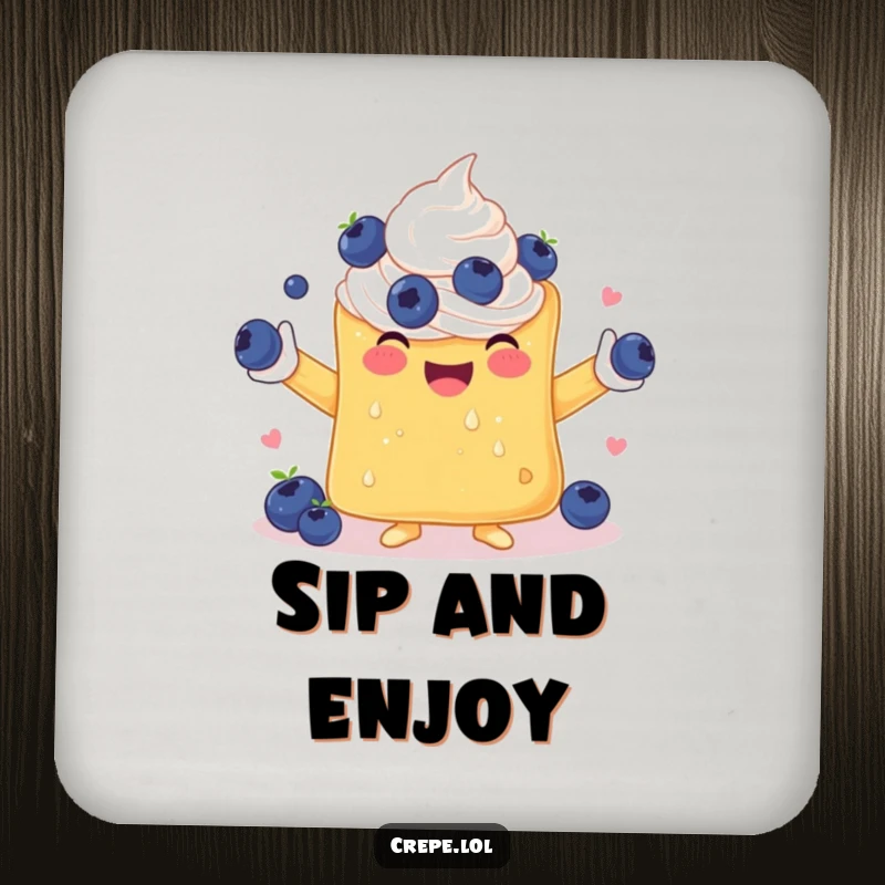 Funny drink coaster with a cheerful crepe balancing blueberries with its whipped cream arms, a delightful accessory.