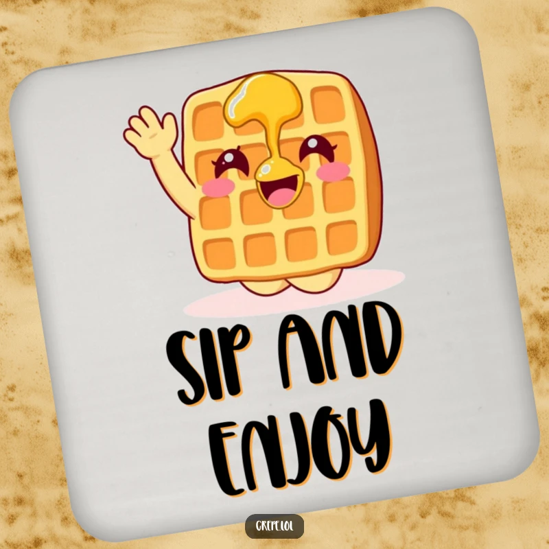 Funny waffle with syrup waving enthusiastically, a humorous coaster for drinks.