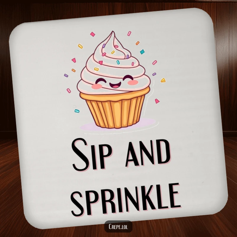 Funny drink coasters featuring a spinning cupcake with frosting and sprinkles, protecting tables with sweet humor.