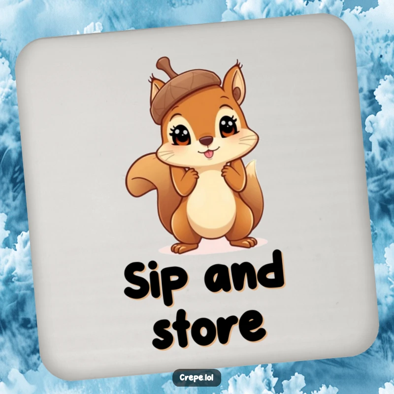 Funny squirrel with big eyes holding a massive acorn aloft, a charming and humorous coaster for drinks.