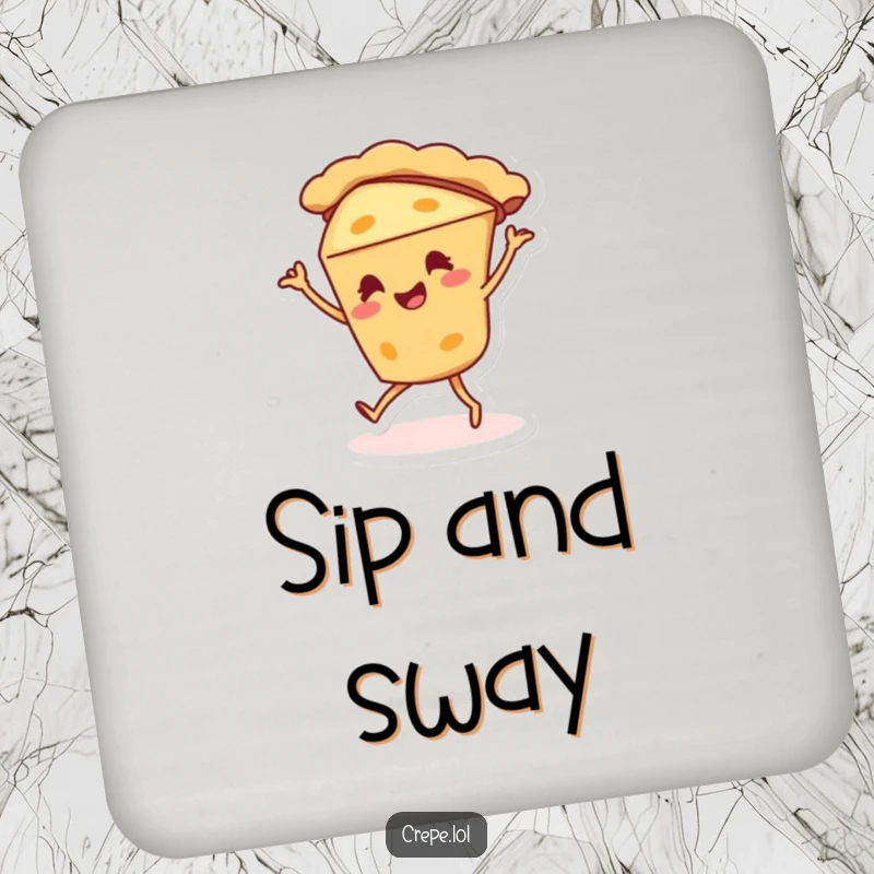 Funny pie character coaster doing a silly dance, a charming and humorous dessert accessory.