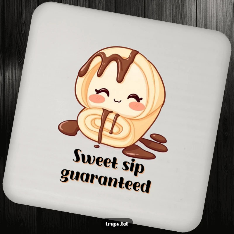 Funny drink coaster featuring a winking rolled chocolate crepe, protecting tables from moisture with a humorous and charming design.