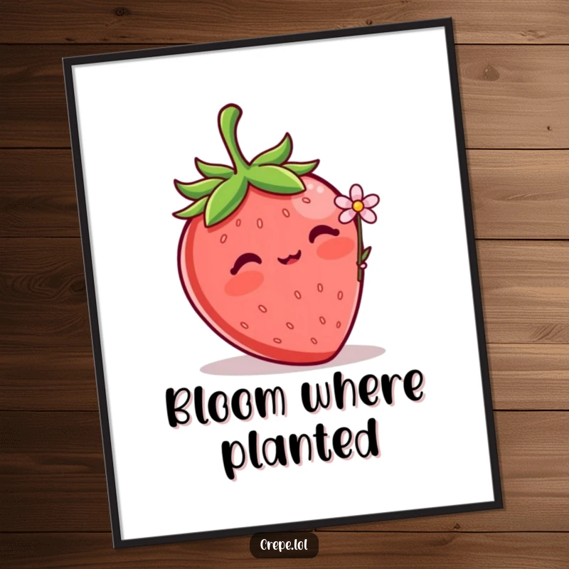 Funny Strawberry Flower Poster depicting a blushing strawberry offering a delicate flower, creating a sweet and heartwarming visual.