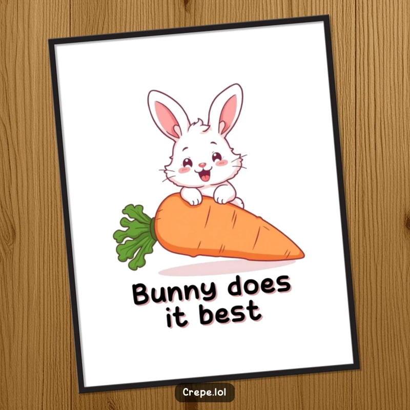 Funny fluffy bunny joyfully leaping over a giant carrot, a hilarious and charming animal art print for any room.