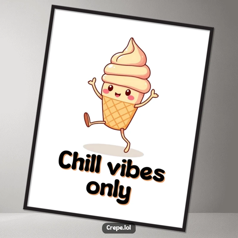 Funny cute ice cream cone with legs doing a silly dance, creating a vibrant and humorous piece of wall art.