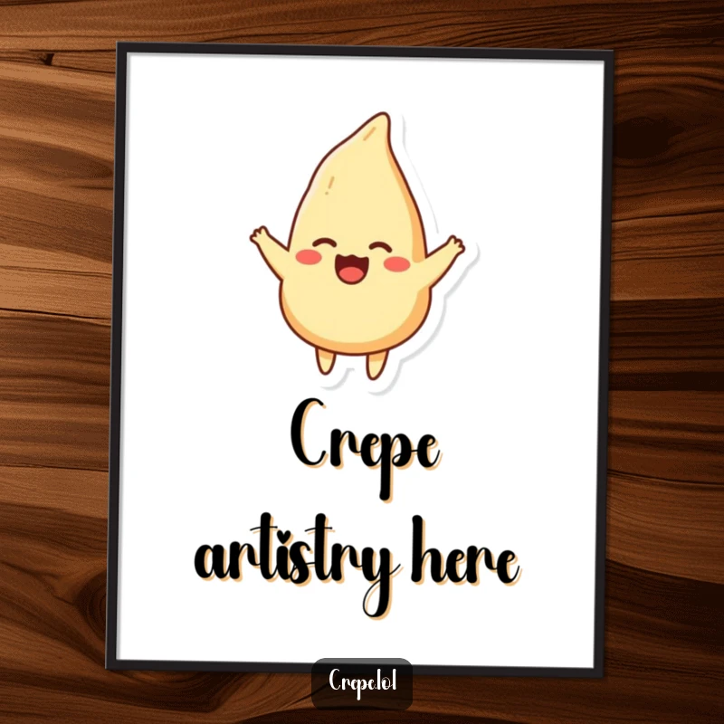 Funny poster print of a happy crepe gracefully flipping in the air, adding a touch of breakfast whimsy.