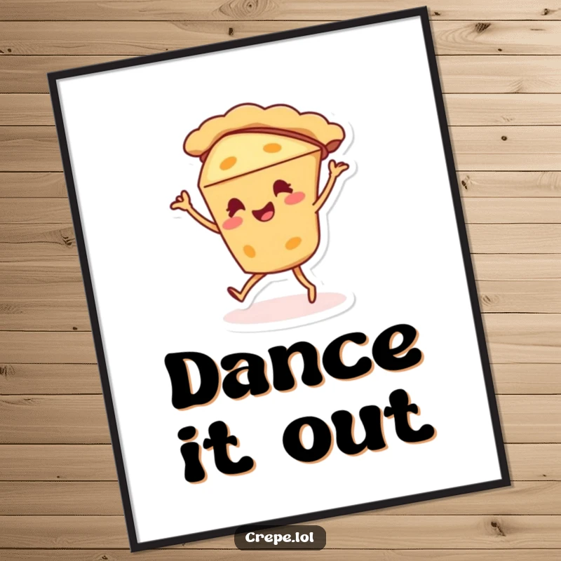 Funny pie character poster doing a silly dance, a whimsical and entertaining dessert-themed wall decor.