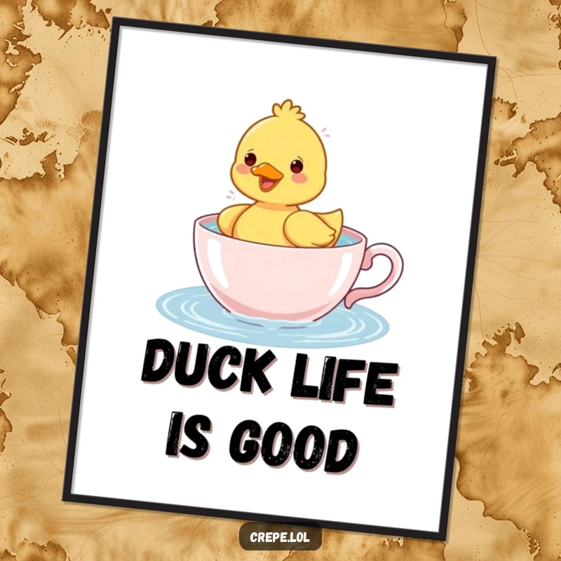 Funny duckling happily splashing water while paddling in a teacup, a hilarious and charming art print for any room.