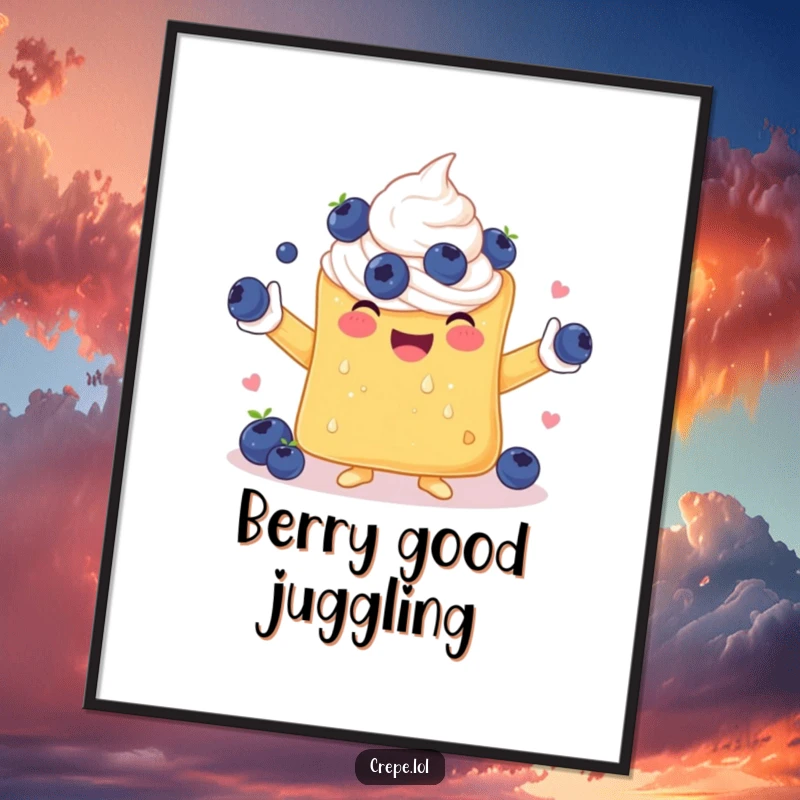 Funny poster print of a happy crepe with whipped cream arms energetically juggling blueberries, a whimsical piece of art.