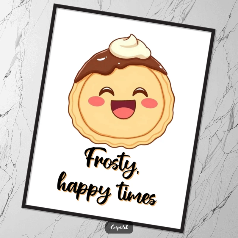 Funny poster print of a very happy chocolate crepe with a wide mouth giggling joyfully, covered in sweet frosting.