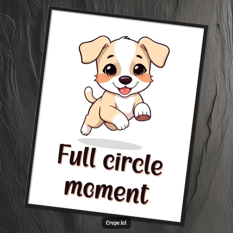 Funny poster print of a happy, bouncing puppy with floppy ears in a dizzying chase after its own tail.